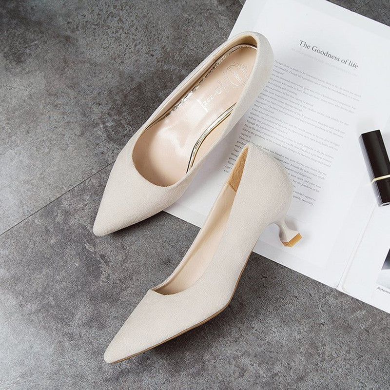 All-Match Pointed Black Suede Stiletto High Heels Women