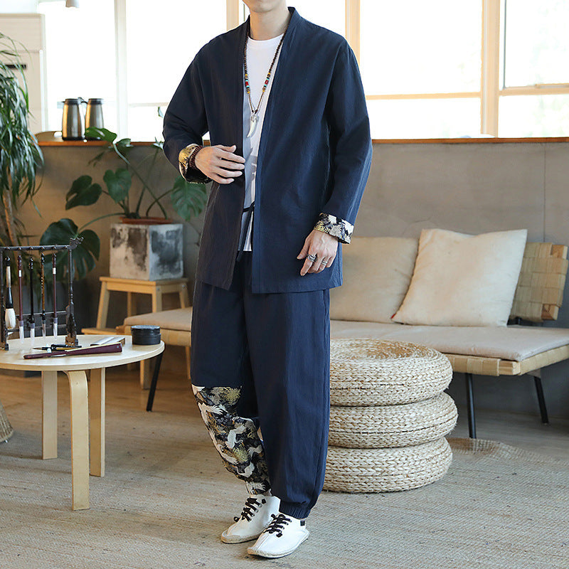 New Spring And Autumn Chinese Style Suit Mid-Length Tang Suit Men's Youth Retro 2-Piece Set One Drop Delivery