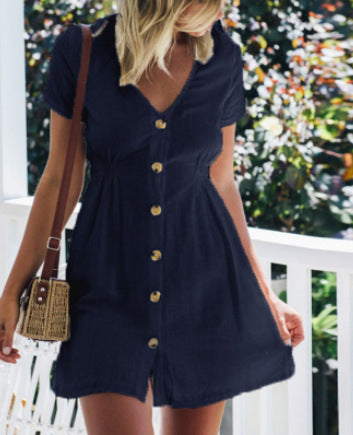 Color V-neck Slim Single Row Button High Waist Dress Women