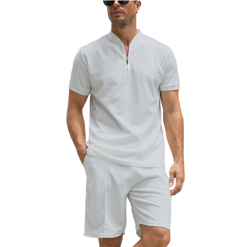 Men's Solid Color Polo Shirt Suit Short Sleeve Two-piece Set