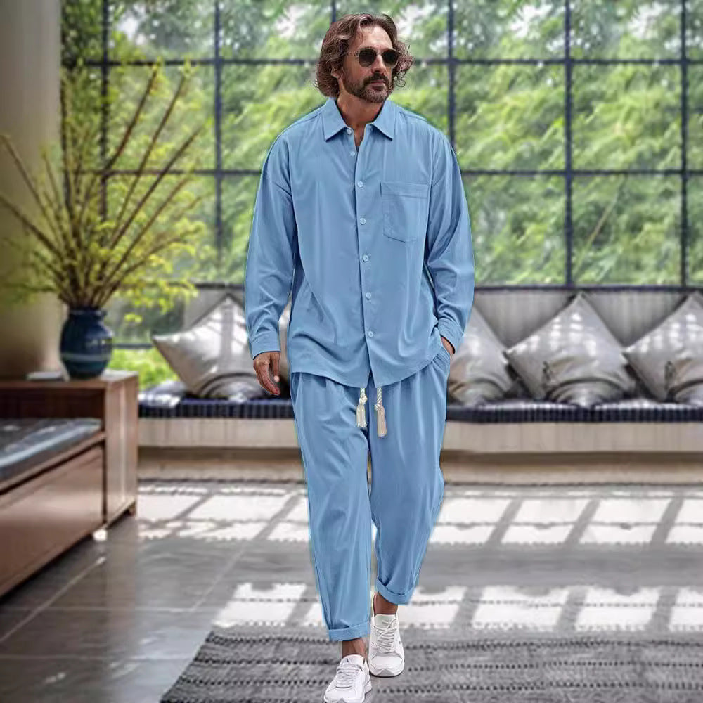 Men's Cotton And Linen Shirt Loose Long-sleeved Trousers Two-piece Suit