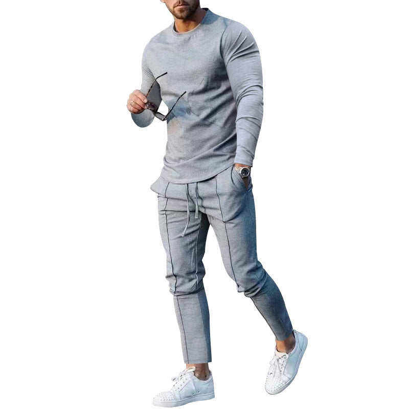 Spring Round Neck Long Sleeve T-shirt Trousers Solid Color Men's Two-piece Suit