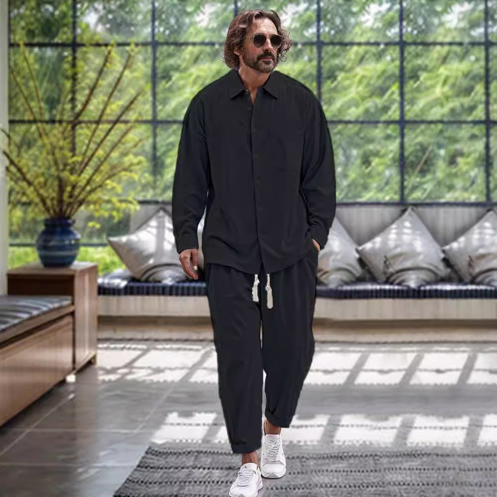 Men's Cotton And Linen Shirt Loose Long-sleeved Trousers Two-piece Suit