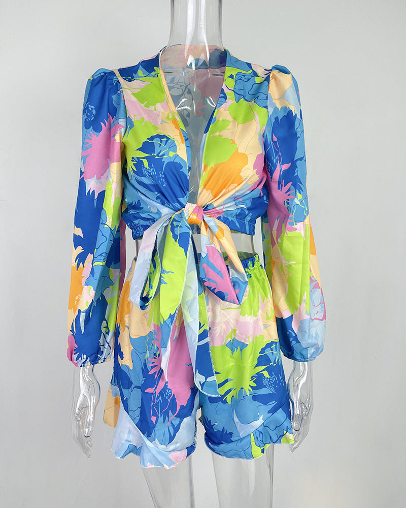 Temperament Printed Cardigan Top Shorts Two-piece Set For Women