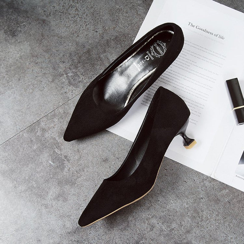 All-Match Pointed Black Suede Stiletto High Heels Women