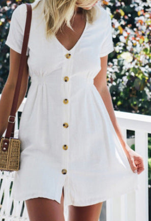 Color V-neck Slim Single Row Button High Waist Dress Women