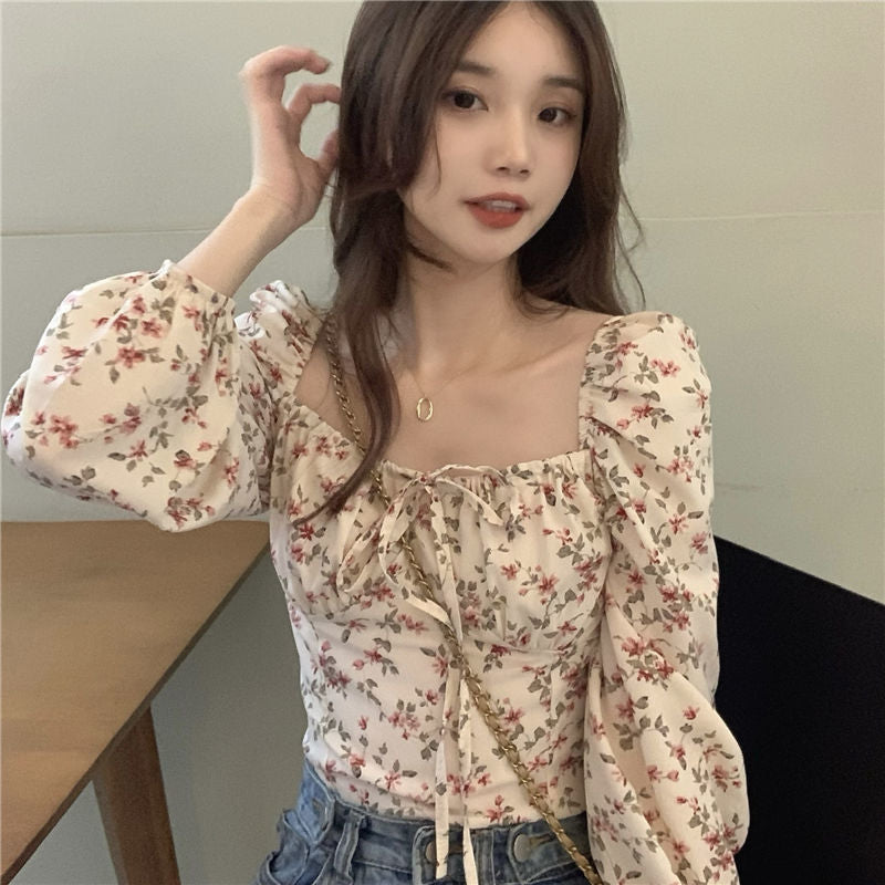 Women's Square Collar Floral Long-sleeved Shirt Spring And Autumn Top Slim Fit