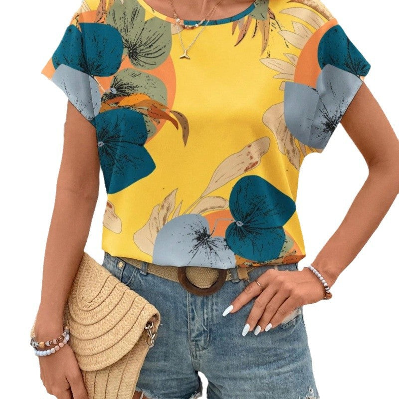 Summer Loose-fitting Casual Round-neck Printed Short-sleeved Top