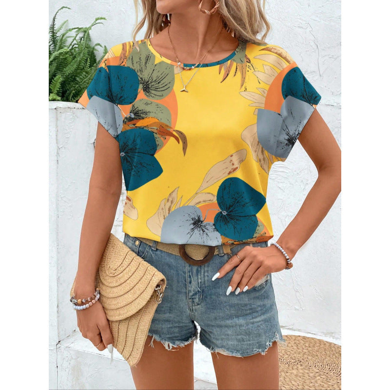 Summer Loose-fitting Casual Round-neck Printed Short-sleeved Top