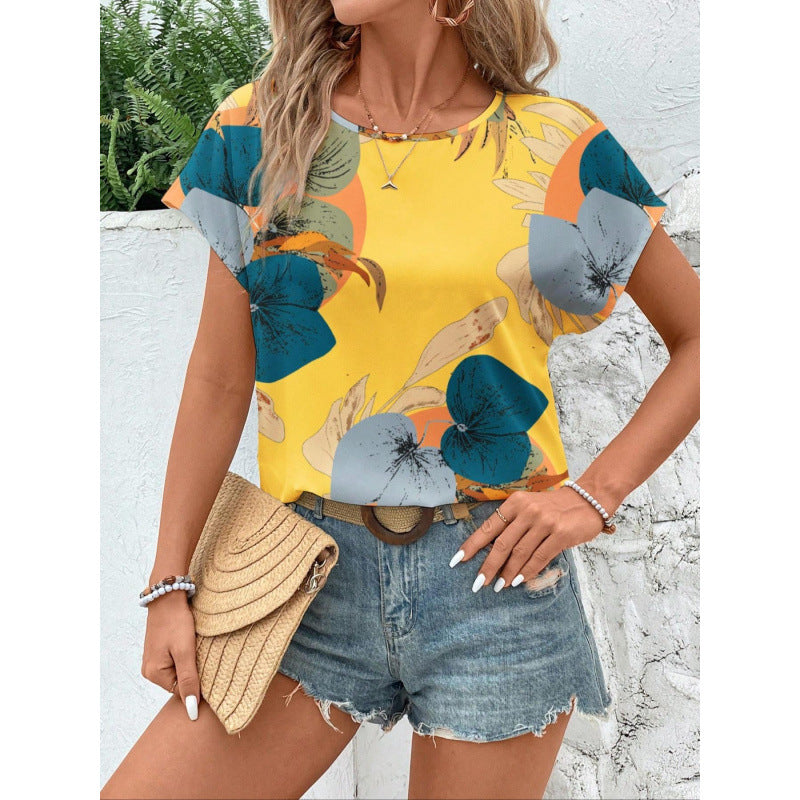 Summer Loose-fitting Casual Round-neck Printed Short-sleeved Top
