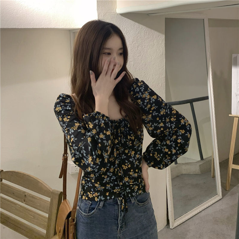 Women's Square Collar Floral Long-sleeved Shirt Spring And Autumn Top Slim Fit