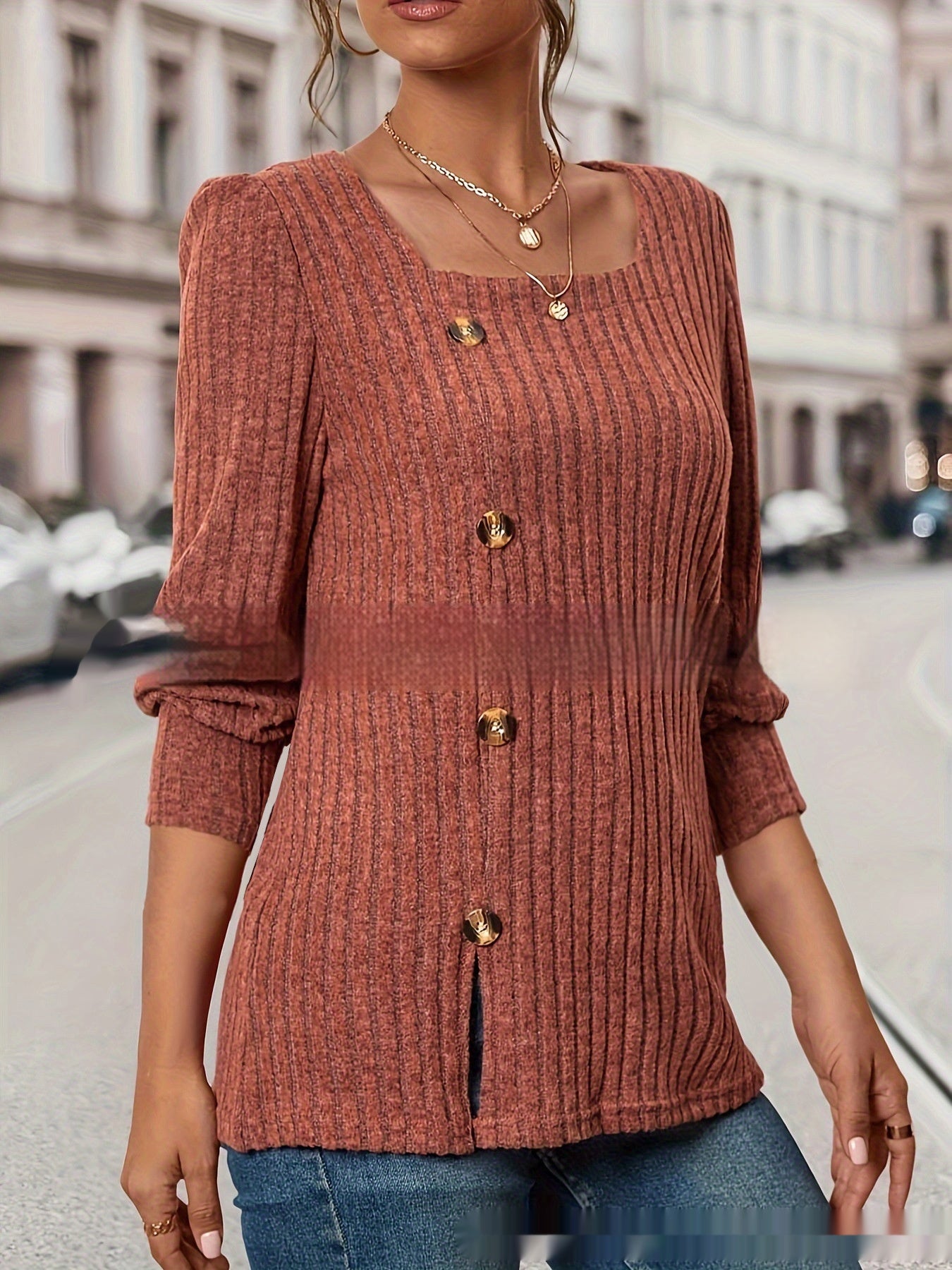 Square Collar Sunken Stripe Brushed Button Top Women