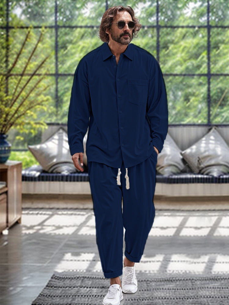 Men's Cotton And Linen Shirt Loose Long-sleeved Trousers Two-piece Suit