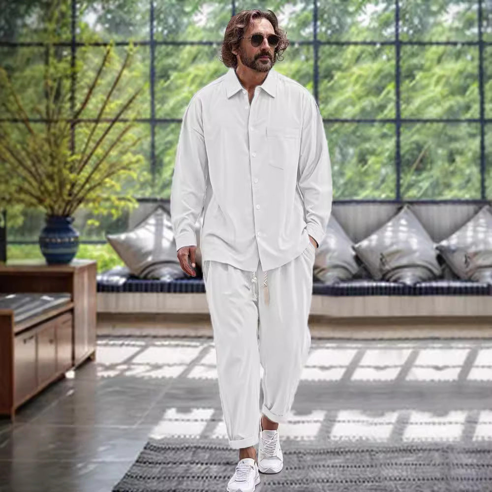 Men's Cotton And Linen Shirt Loose Long-sleeved Trousers Two-piece Suit