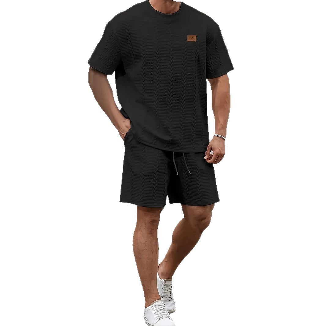 Men's Solid Color Patch Design Rib Short Sleeve Two-piece Set