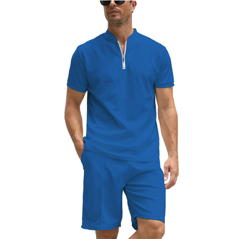 Men's Solid Color Polo Shirt Suit Short Sleeve Two-piece Set