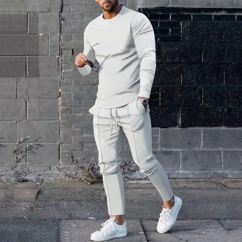 Spring Round Neck Long Sleeve T-shirt Trousers Solid Color Men's Two-piece Suit
