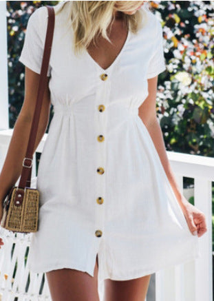 Color V-neck Slim Single Row Button High Waist Dress Women