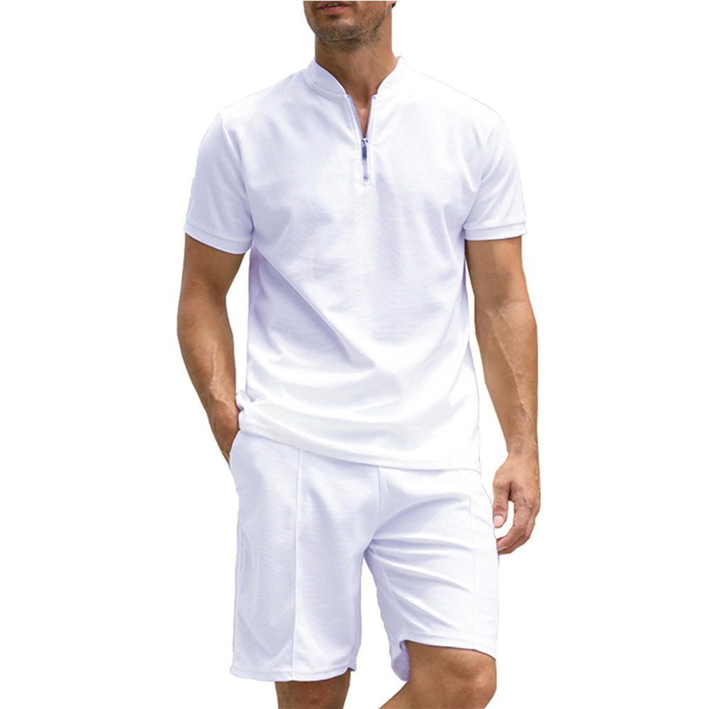Men's Solid Color Polo Shirt Suit Short Sleeve Two-piece Set