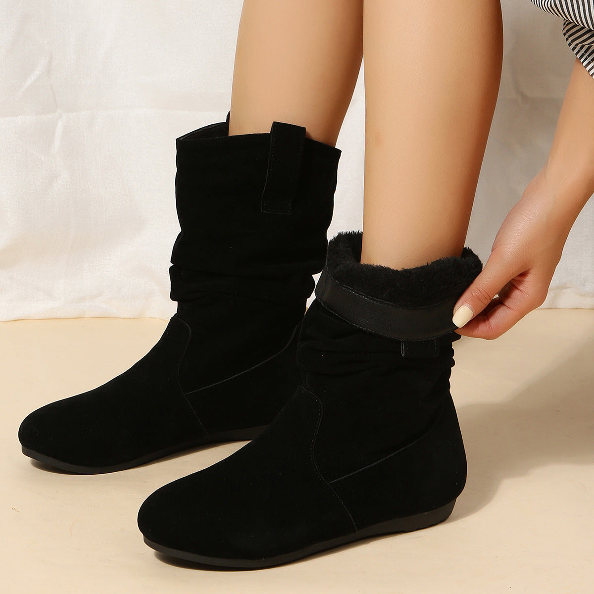 Round Toe Flat Boots Fashion Solid Color Suede Mid-calf Boot Winter Warm Shoes For Women