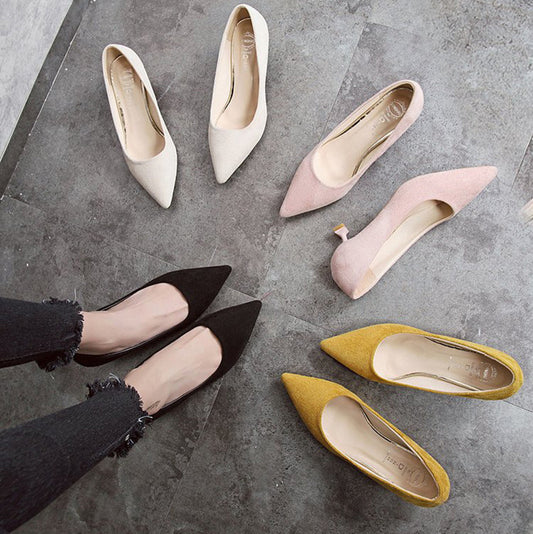 All-Match Pointed Black Suede Stiletto High Heels Women
