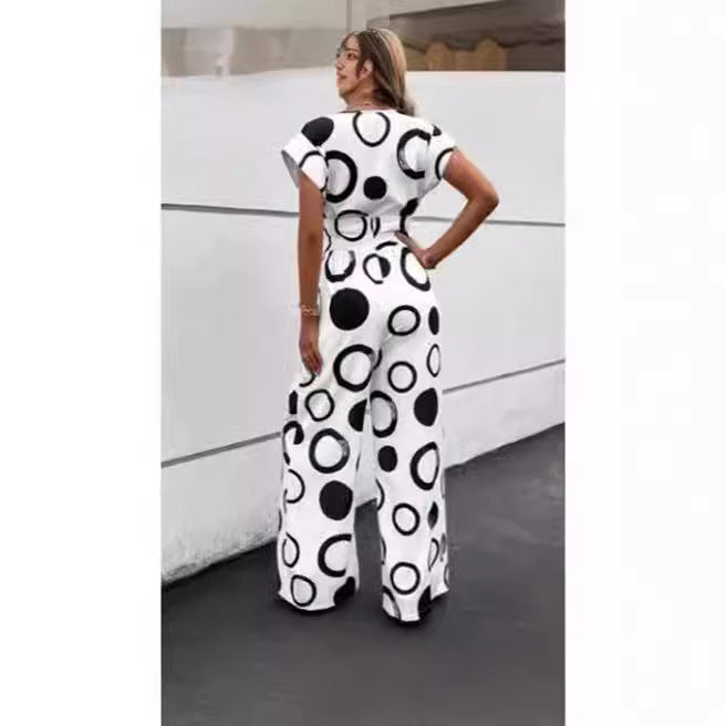 Fashion Elegant Casual V-neck High Waist Print Wide Leg Belt Jumpsuit