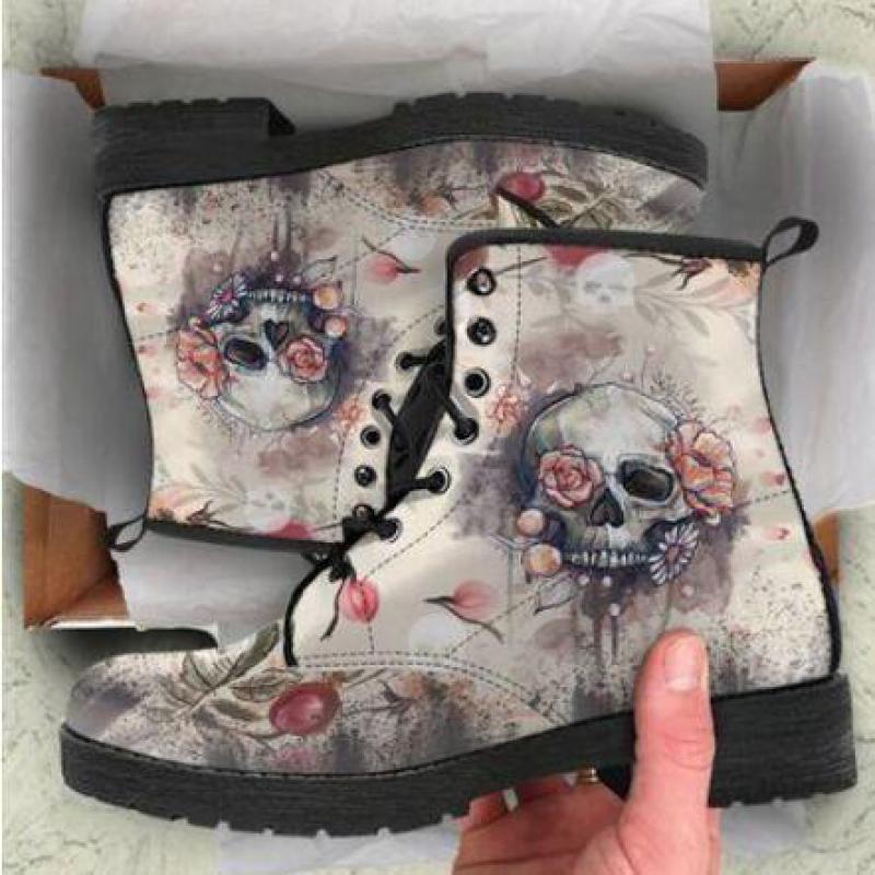 Women Ankle Boots Low Heels Shoes Woman Vintage Pu Leather Autumn Warm Winter high Snow Boots Motorcycle Skull Pansy