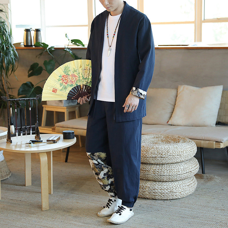 New Spring And Autumn Chinese Style Suit Mid-Length Tang Suit Men's Youth Retro 2-Piece Set One Drop Delivery