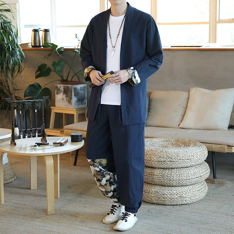 New Spring And Autumn Chinese Style Suit Mid-Length Tang Suit Men's Youth Retro 2-Piece Set One Drop Delivery