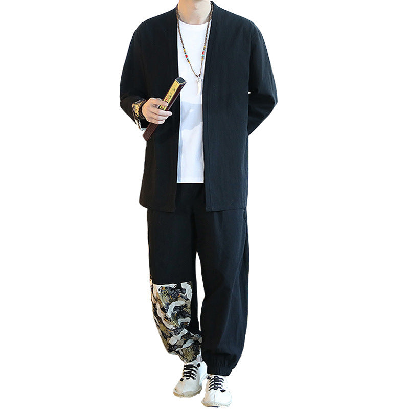 New Spring And Autumn Chinese Style Suit Mid-Length Tang Suit Men's Youth Retro 2-Piece Set One Drop Delivery