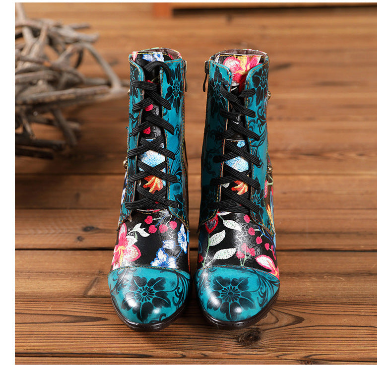 European And Beautiful Women Boots Autumn And Winter Fashion Ethnic Leather Handmade Retro Floral Shoes High-Heeled Boots