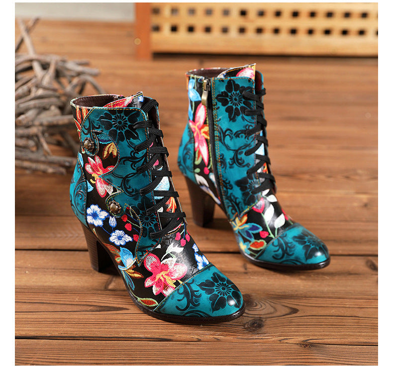 European And Beautiful Women Boots Autumn And Winter Fashion Ethnic Leather Handmade Retro Floral Shoes High-Heeled Boots