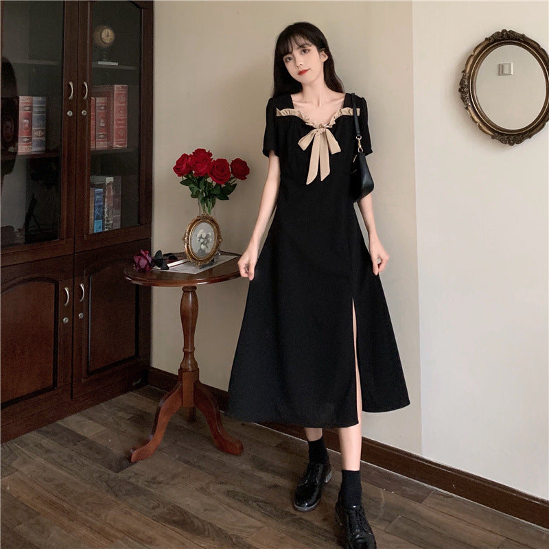 French Retro Square Collar Slit Dress Women