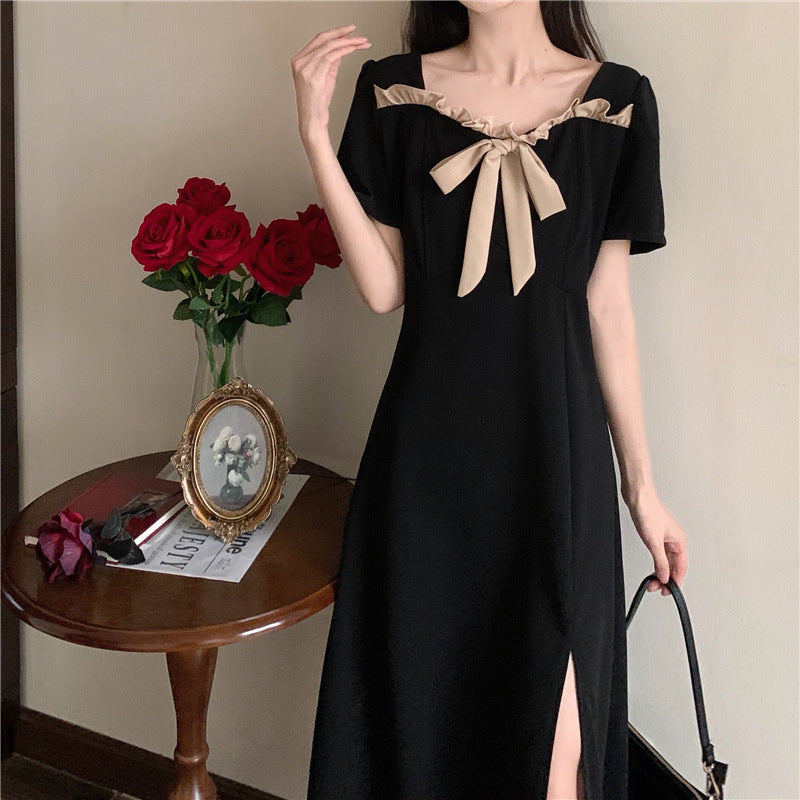 French Retro Square Collar Slit Dress Women