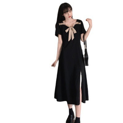 French Retro Square Collar Slit Dress Women