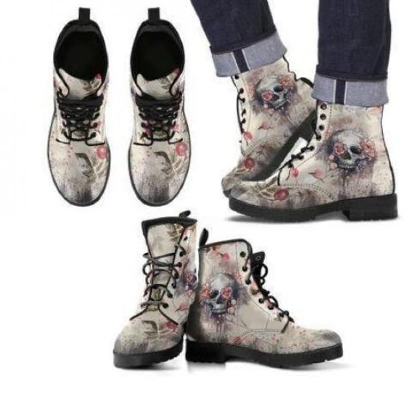 Women Ankle Boots Low Heels Shoes Woman Vintage Pu Leather Autumn Warm Winter high Snow Boots Motorcycle Skull Pansy