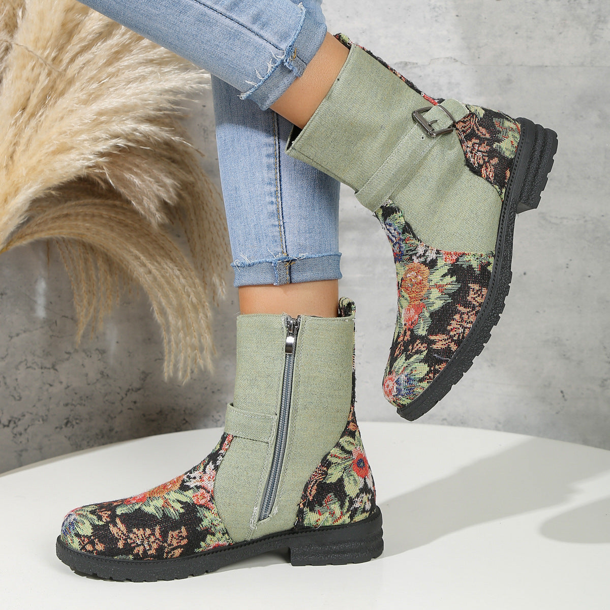 Flowers Print Ankle Boots Women Retro Belt Buckle Chunky Heels Cowboy Boots With Side Zipper Autumn And Winter Round Toe Shoes