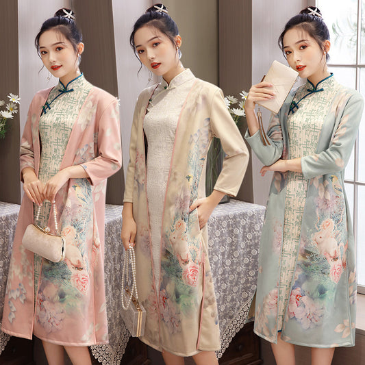 Women's Medium Length Cheongsam With Suede And Aodai Dress