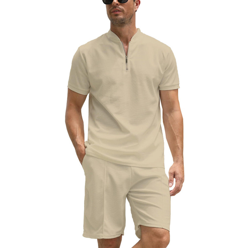 Men's Solid Color Polo Shirt Suit Short Sleeve Two-piece Set