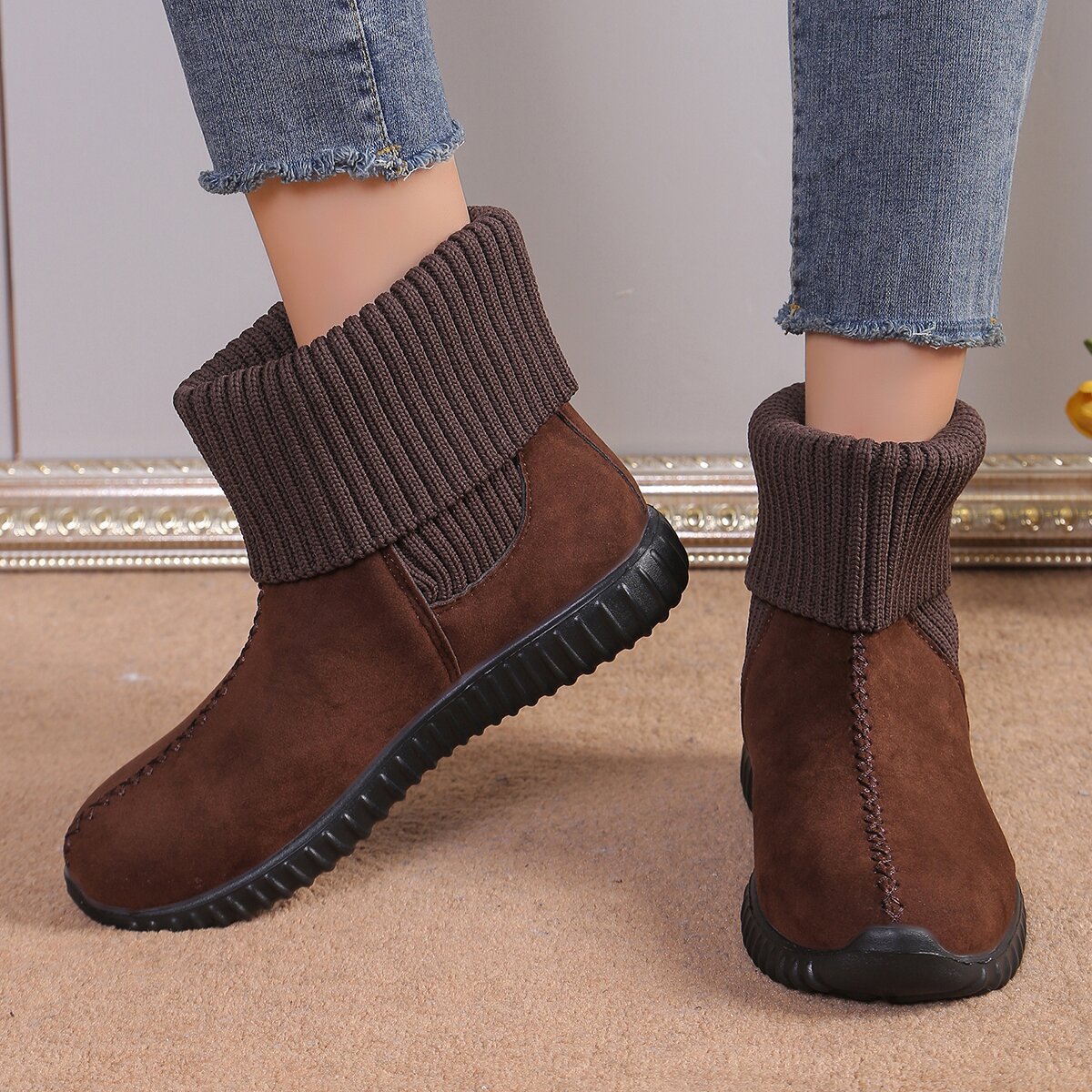 Flat Ankle Boots With Reversible Knitted Design Winter Fashion Comfortable Snow Boot For Women Shoes