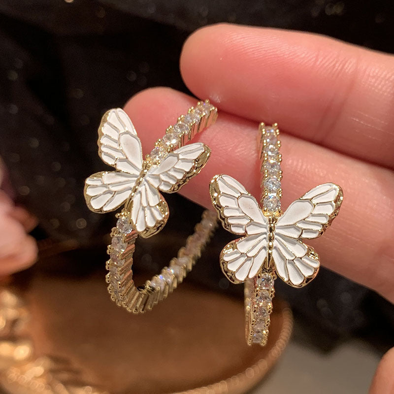 Three-dimensional Micro Inlaid Zircon Fashionable White Butterfly Earrings