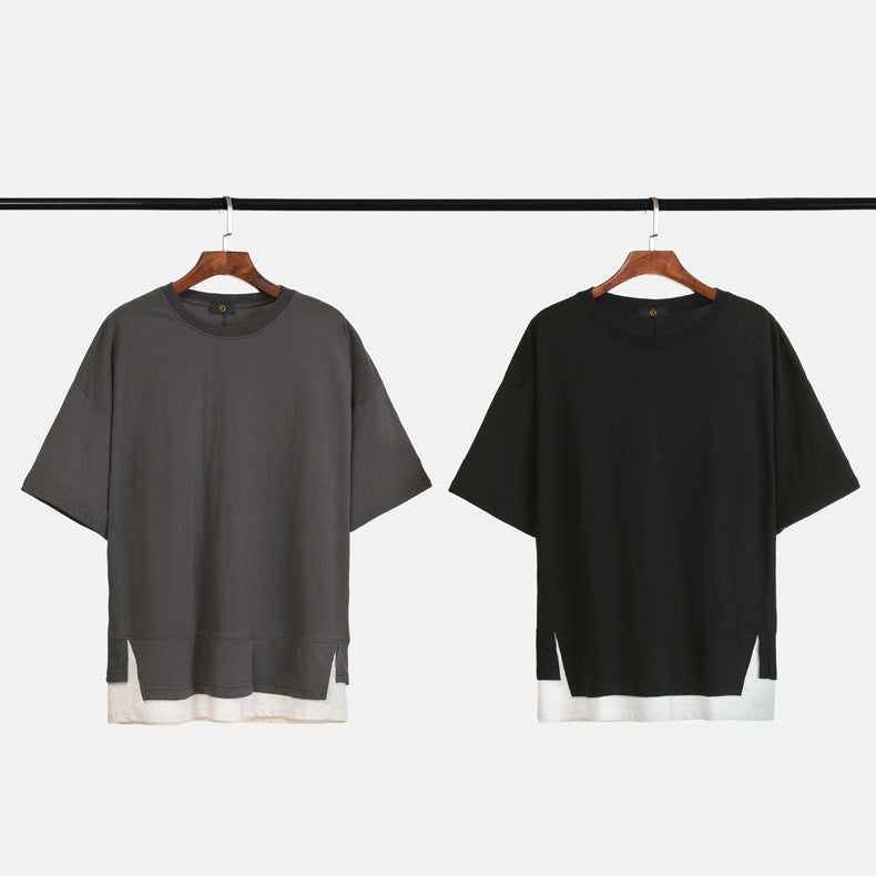 High Street Stitching Fake 2-piece Drop-shoulder Short Sleeves