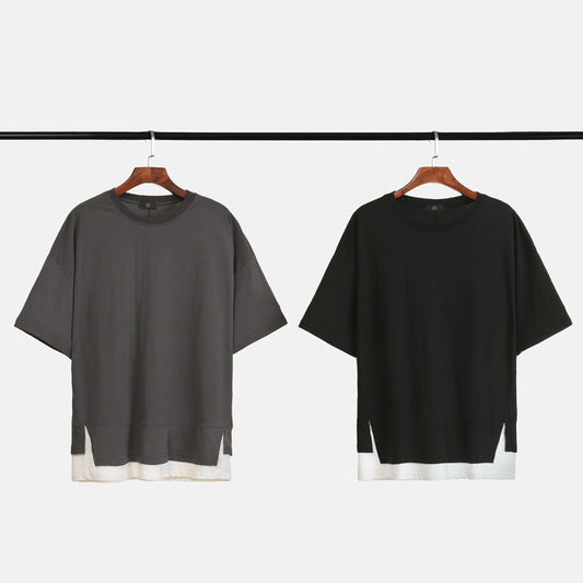 High Street Stitching Fake 2-piece Drop-shoulder Short Sleeves