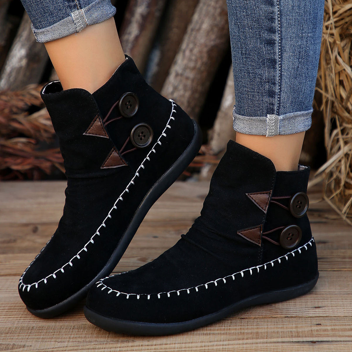 Button Design Ankle Boots For Women Autumn And Winter New Style Flat Boots With Stitching Fashion Solid Round Toe Short Shoes