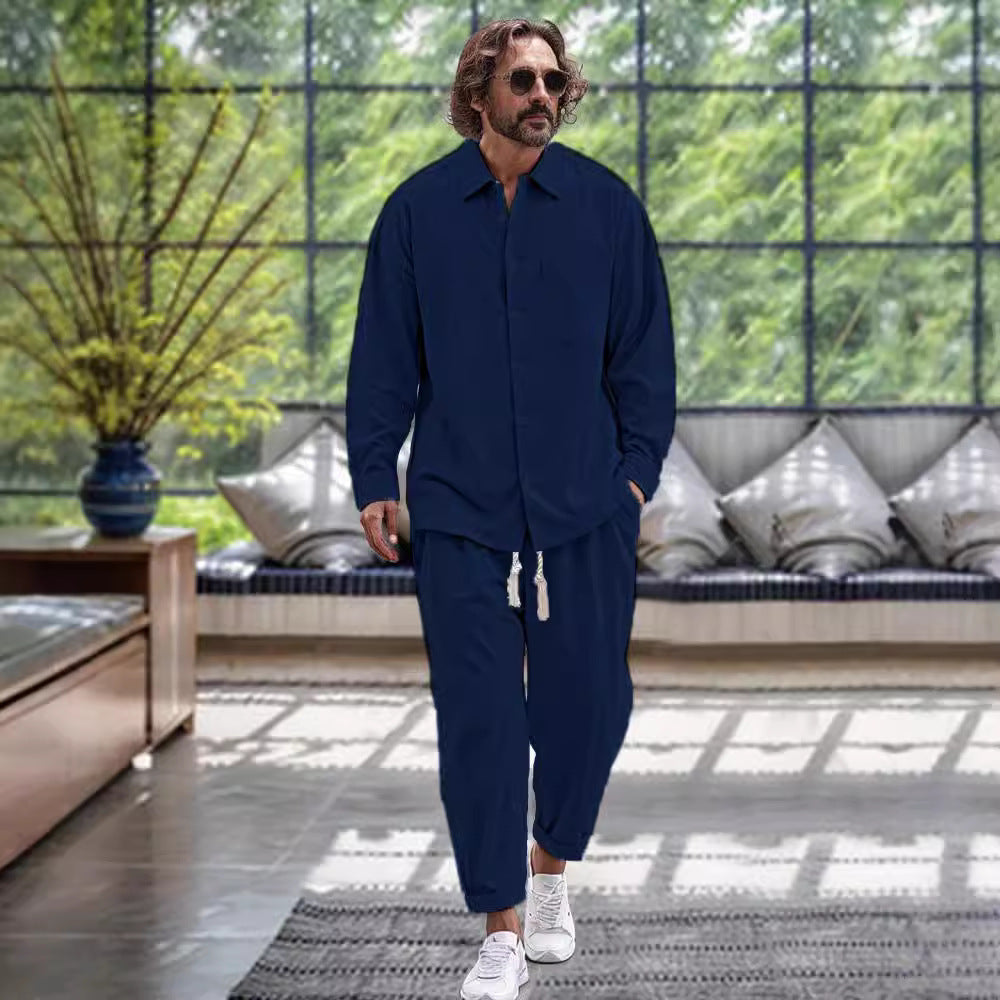 Men's Cotton And Linen Shirt Loose Long-sleeved Trousers Two-piece Suit