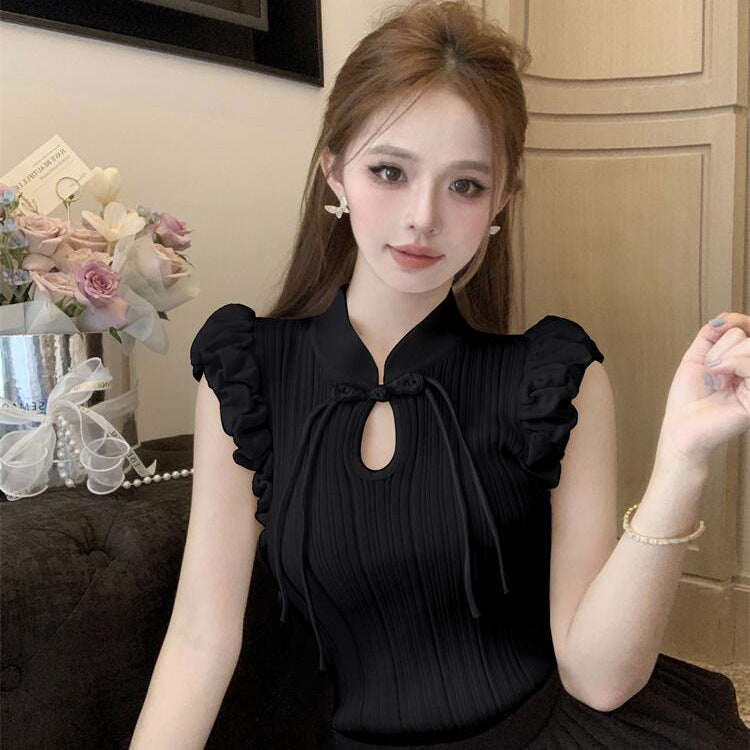 New Chinese Style Retro Buckle Puffed Sleeves Elegant Top