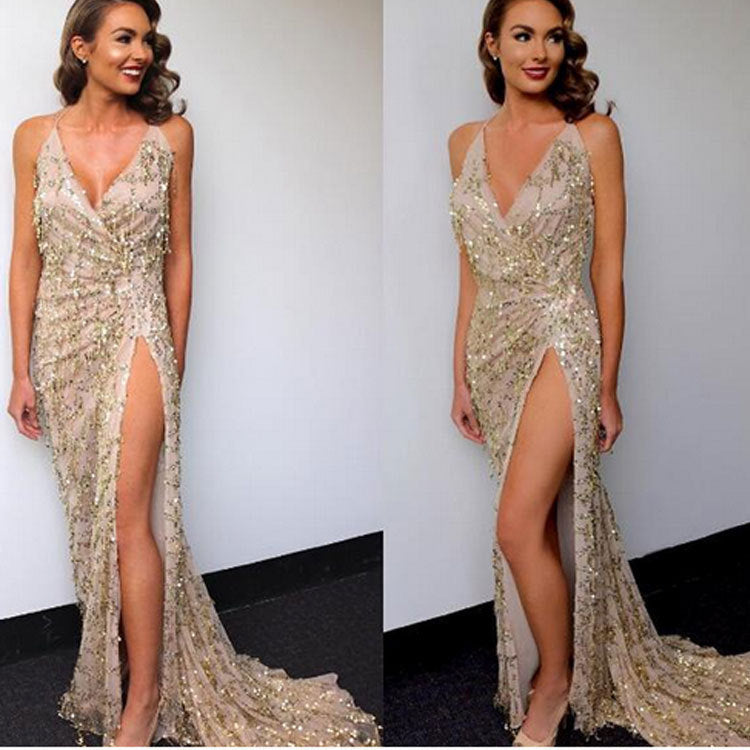 V-neck sexy halter strap sequin dress