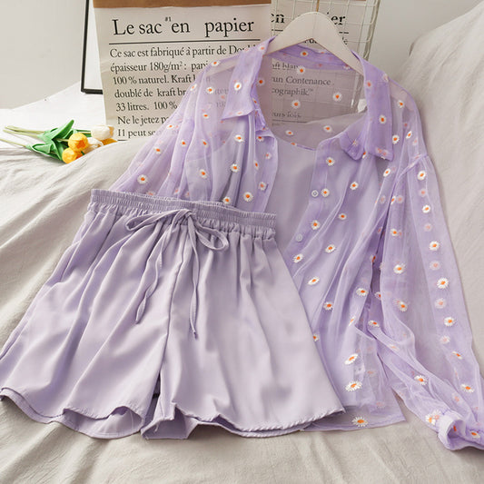 Summer Women Three Piece Sets Casual Linen Tops Shorts Ela