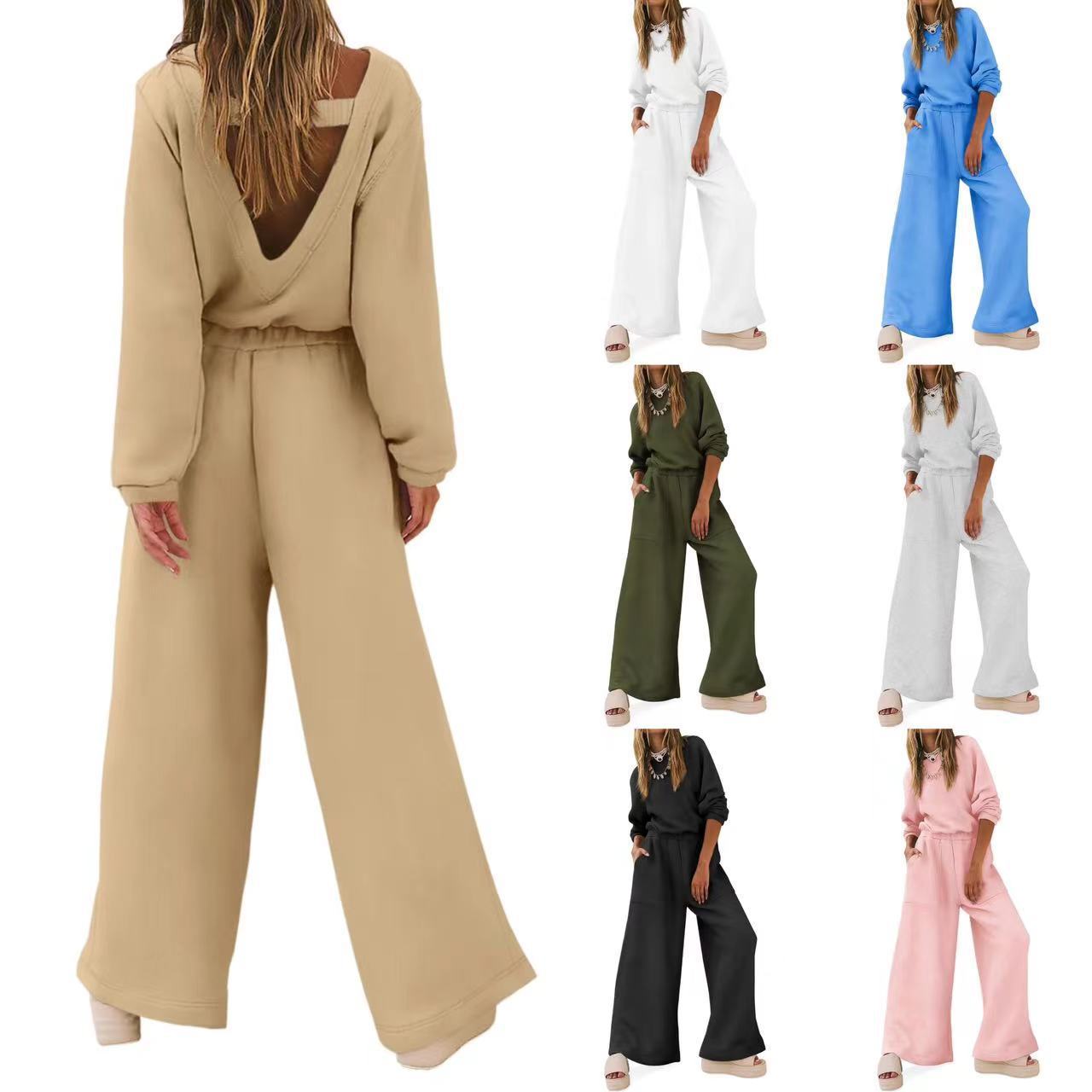 European And American Fashion Sports And Leisure Long Sleeve Solid Color Backless Sweater Jumpsuit Suit Women