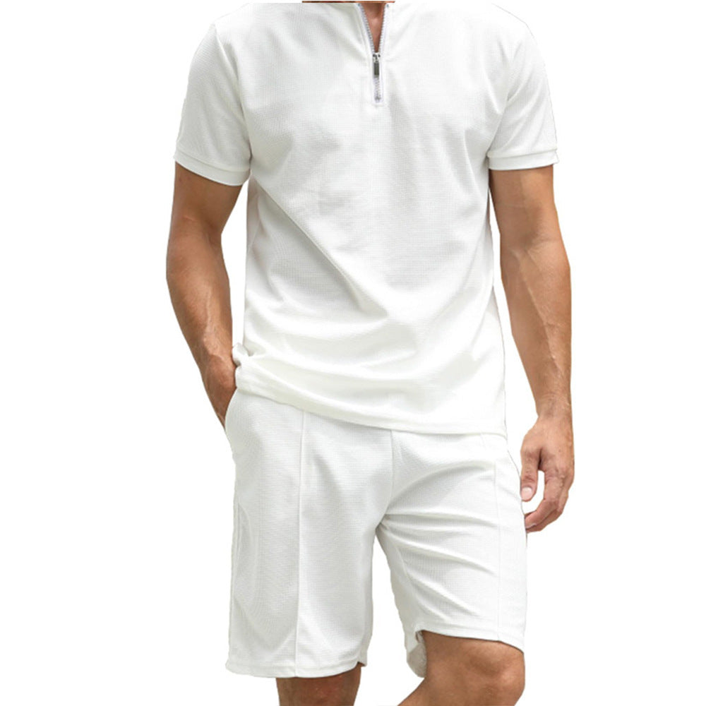 Men's Solid Color Polo Shirt Suit Short Sleeve Two-piece Set